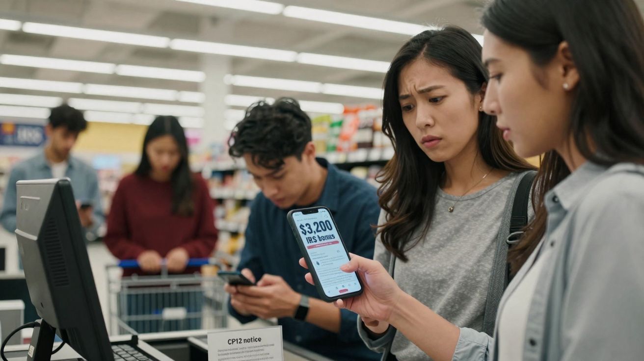 Duas mulheres a analisar uma notificação no telemóvel numa fila de supermercado, com outras pessoas ao fundo.