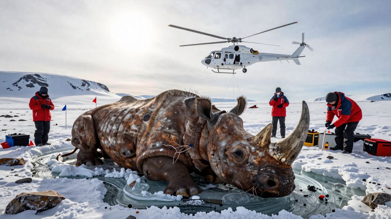 Pessoas em roupa de inverno rodeiam rinoceronte empalhado numa paisagem nevada, com helicóptero ao fundo.