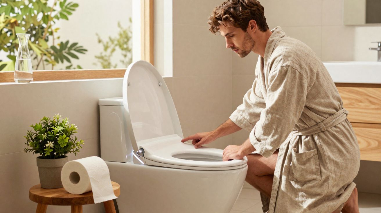 Homem de robe a limpar ou inspecionar sanita branca numa casa de banho luminosa e moderna.