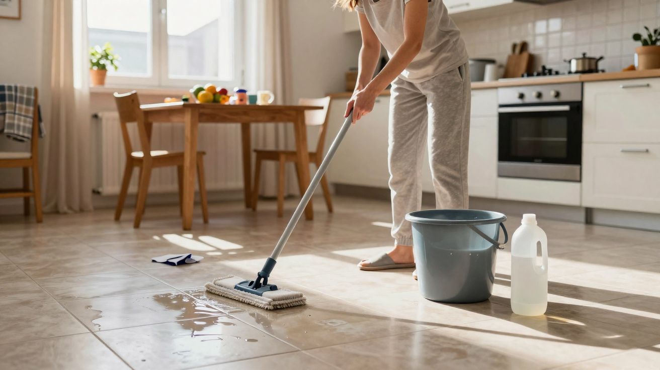 Pessoa a limpar o chão da cozinha com esfregona, balde e detergente perto da mesa de jantar.