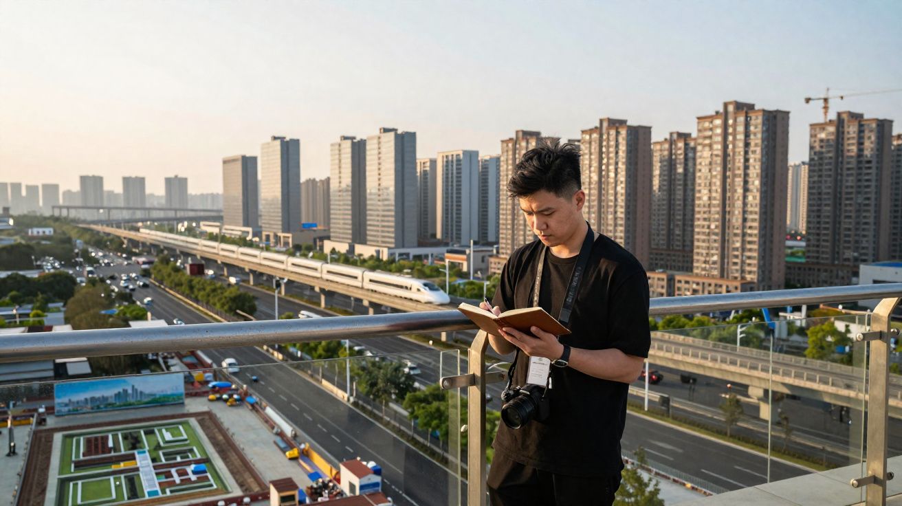 Homem escreve num caderno com câmara ao pescoço em passadiço urbano com comboio e prédios ao fundo.