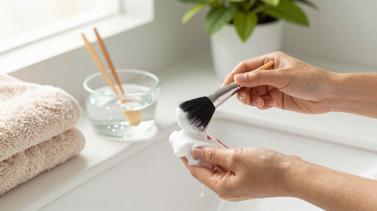 Mãos a criar espuma com pincel de barbear e toalhas sobre lavatório branco e planta ao fundo.