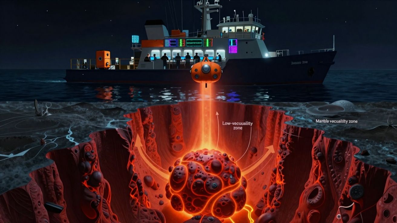 Navio de investigação no mar à noite com equipamento a explorar um vulcão submarino em erupção.