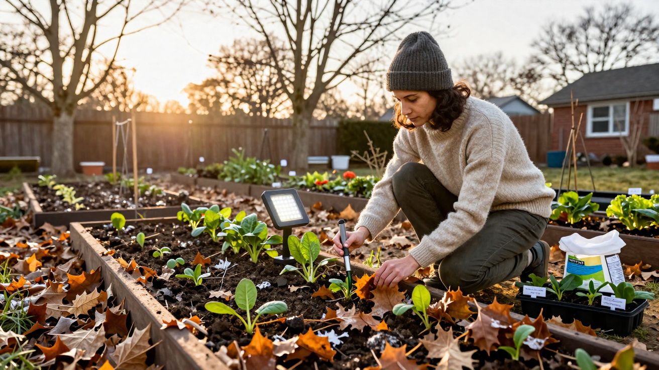 Mulher de gorro e camisola transplantando plantas num jardim em canteiros elevados ao pôr do sol.