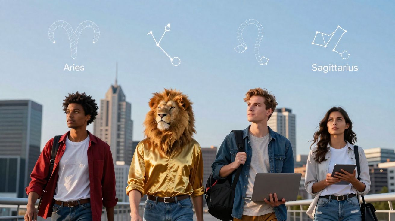 Quatro jovens na cidade, incluindo um com máscara de leão, com constelações e signos de Áries e Sagitário acima.