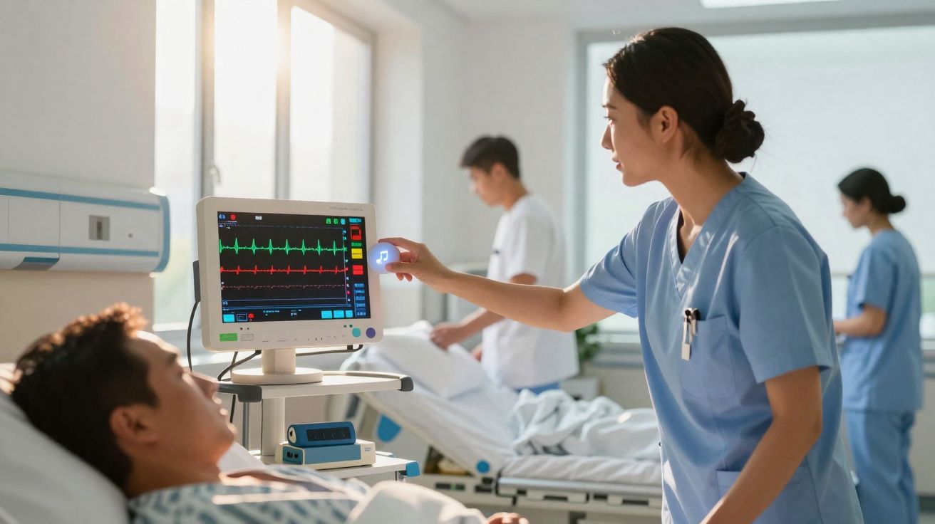 Enfermeira a ajustar monitor cardíaco de paciente numa enfermaria hospitalar com outros profissionais ao fundo.