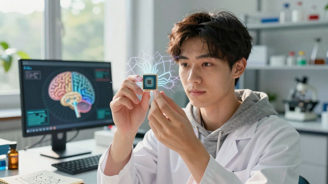 Homem em laboratório segurando chip com representação digital de cérebro no ecrã do computador.