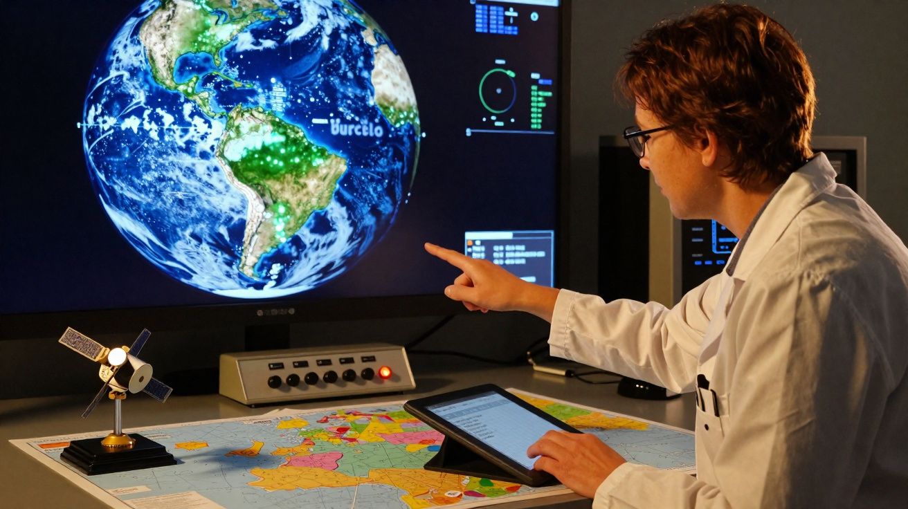 Pessoa com bata branca analisa dados geoespaciais na televisão, com tablet e mapa na mesa.