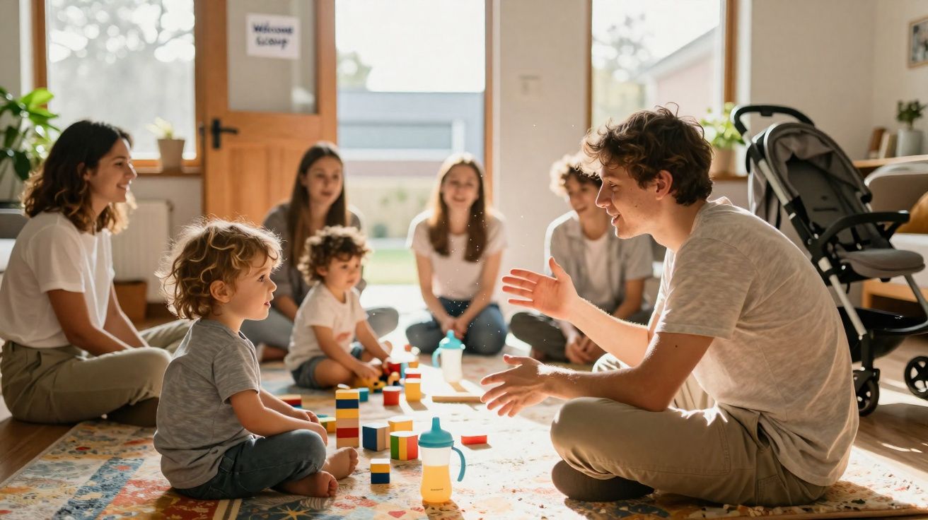 Grupo de adultos e crianças sentados no chão a brincar com blocos coloridos numa sala iluminada.