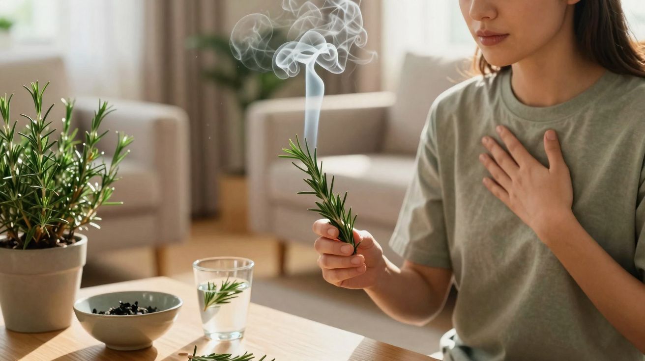 Mulher segura ramo de alecrim a arder, com fumo, num ambiente doméstico com plantas e copo de água.