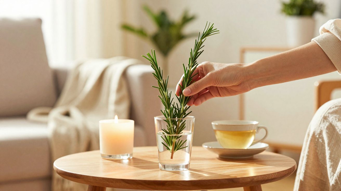 Mão feminina a colocar ramo verde em copo com água numa mesa com vela acesa e chá num ambiente acolhedor.