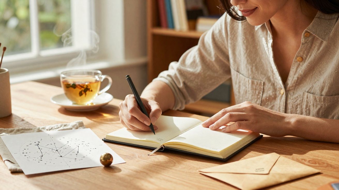 Pessoa a escrever num caderno numa mesa com chá, carta e desenho de constelação, em ambiente luminoso.