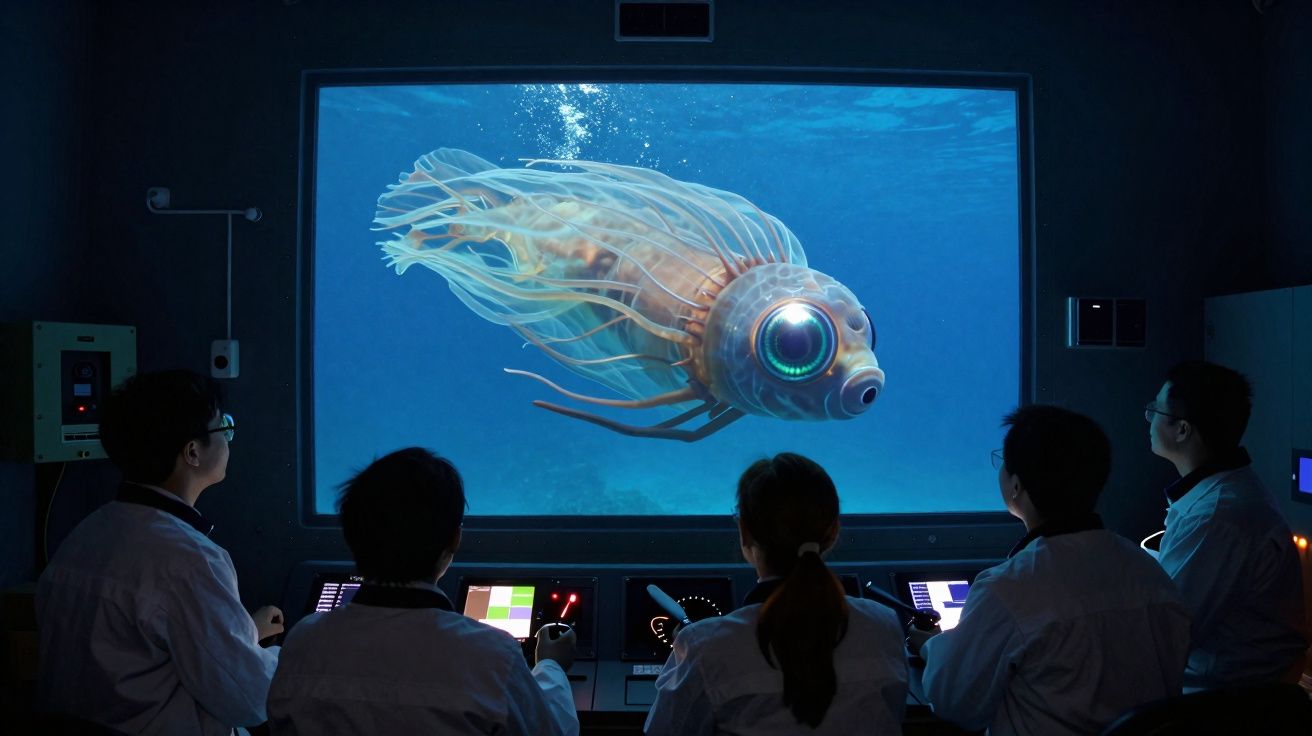 Cinco cientistas observam uma criatura marinha robótica gigante através de um grande ecrã submarino.