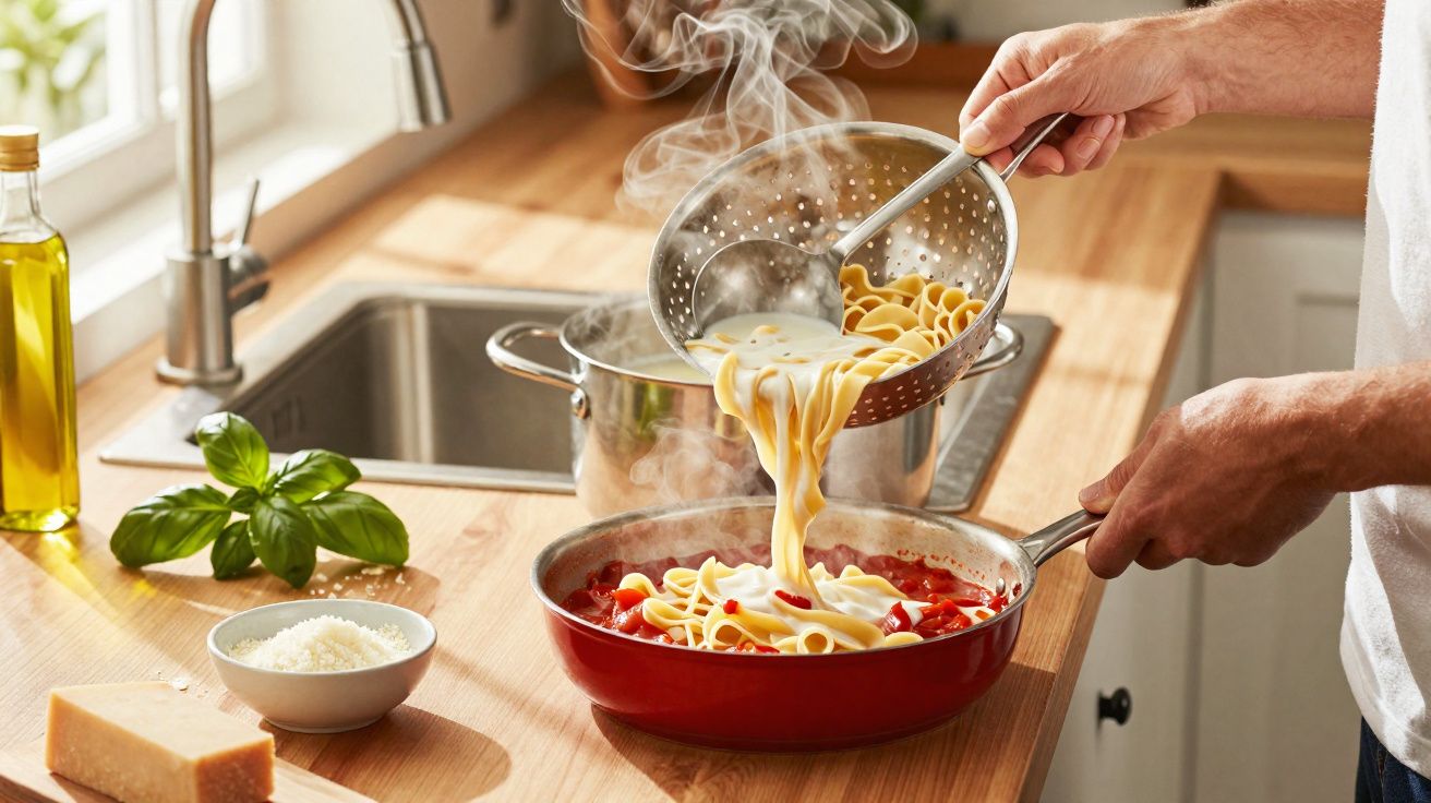 Pessoa a colocar massa quente numa frigideira com molho de tomate numa cozinha iluminada.