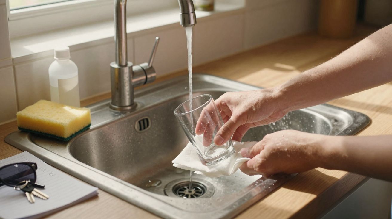 Mãos a lavar um copo transparente debaixo de uma torneira com água numa cozinha iluminada.
