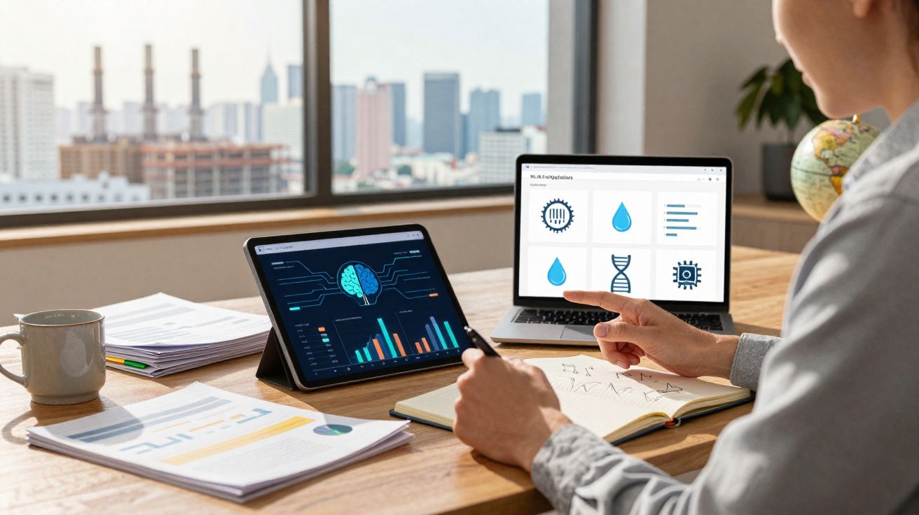 Pessoa a analisar gráficos de dados num tablet e laptop numa mesa com documentos e caneca, vista de cidade ao fundo.