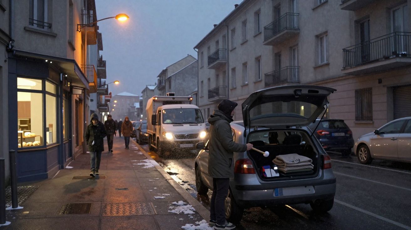 Rua urbana ao anoitecer com pessoas a caminhar sob chuva leve e homem a organizar malas na bagageira do carro estacionado.