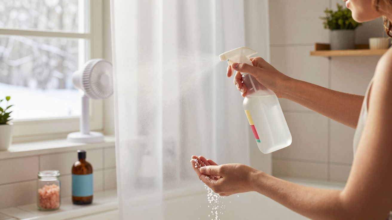 Pessoa a borrifar spray num banho com chuveiro e cortina semi aberta, luz natural a entrar pela janela.