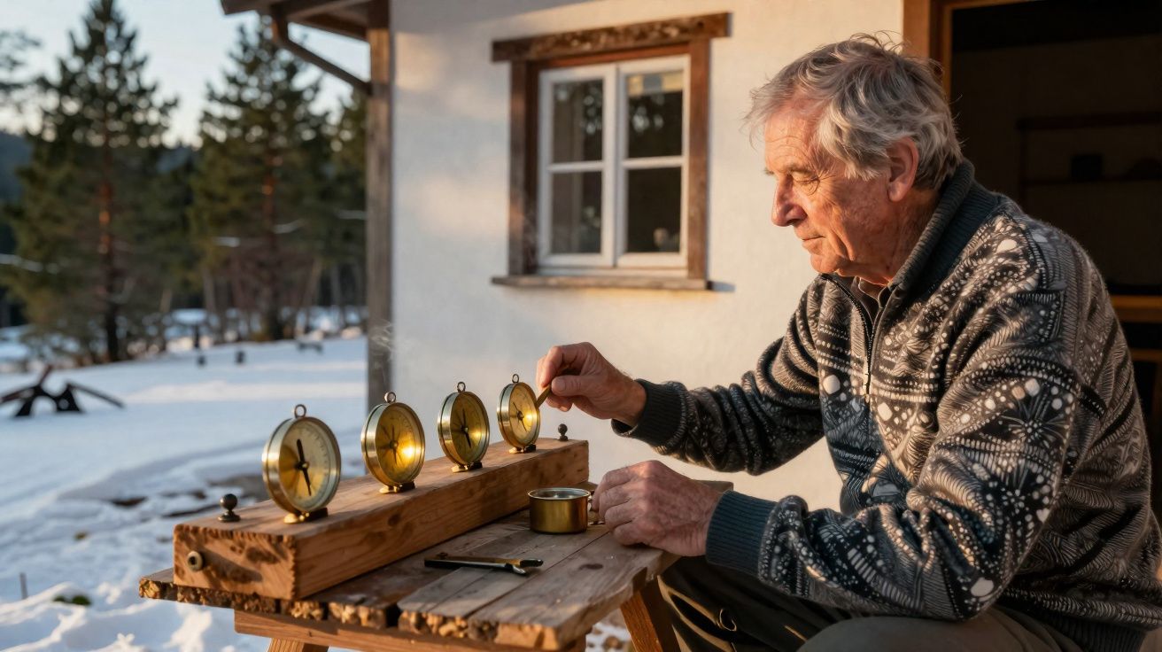 Homem idoso em casaco a ajustar instrumentos de bússola num banco de madeira junto a casa na neve.
