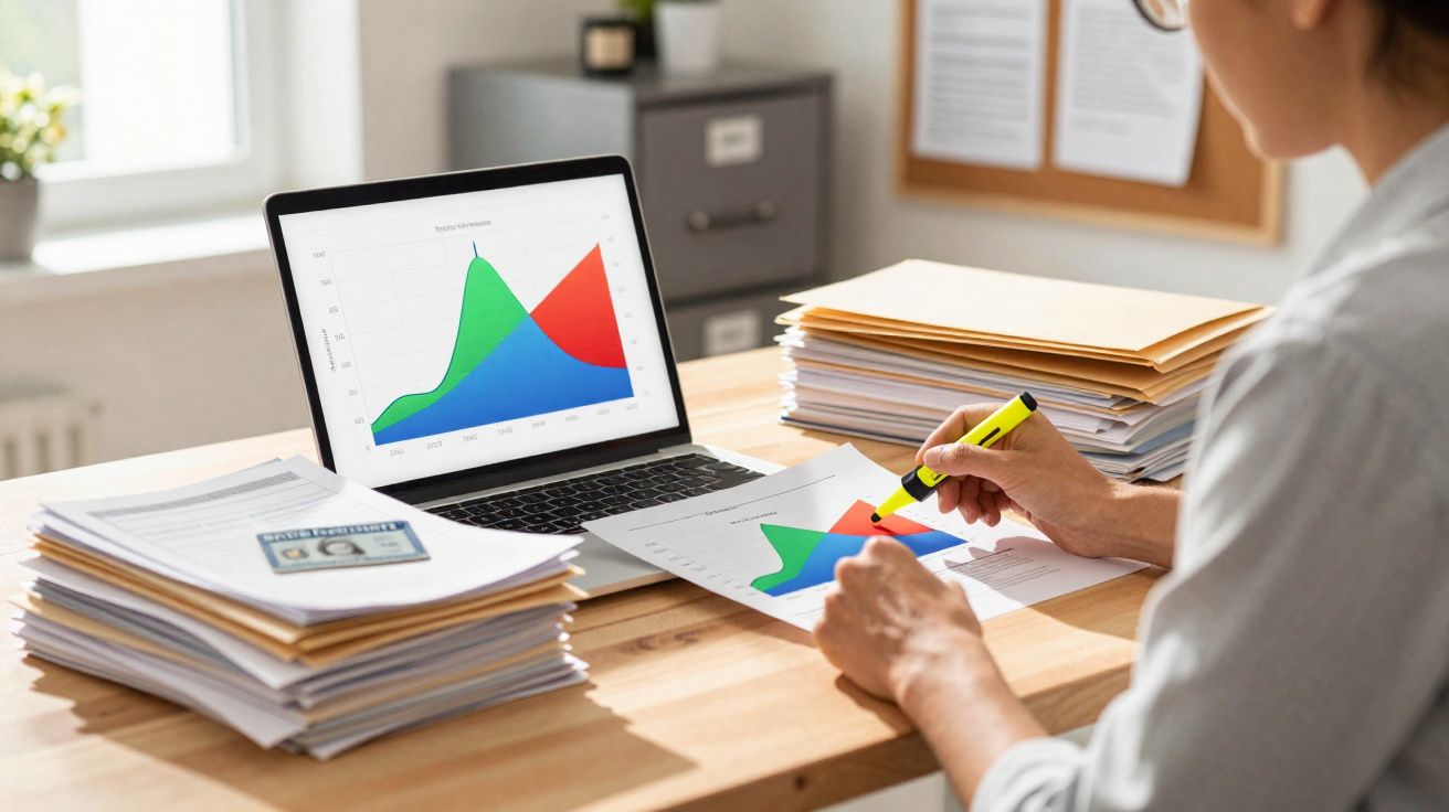 Pessoa a analisar gráficos coloridos no papel e no computador numa mesa com pilhas de documentos.