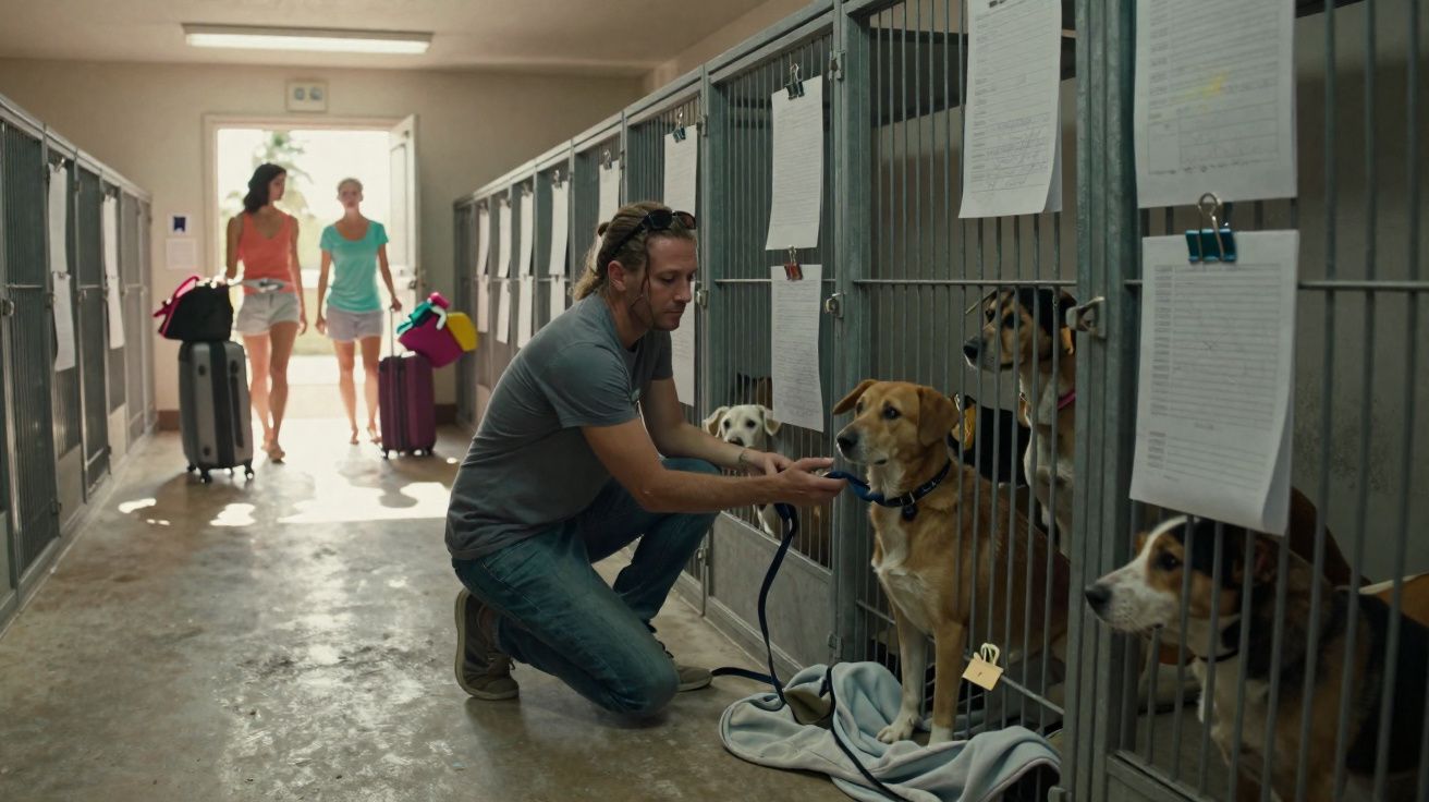 Homem de joelhos a alimentar cão preso em canil, duas mulheres ao fundo com malas de viagem.