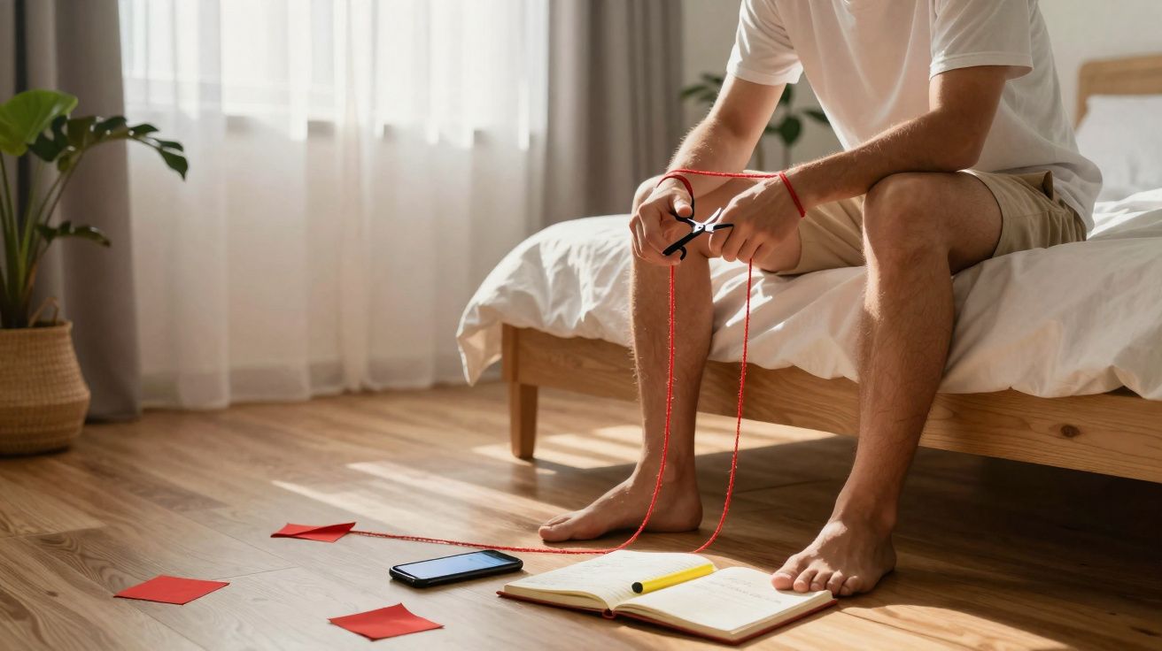 Pessoa sentada na cama a segurar tesoura cortando fio vermelho ligado ao telemóvel e folhas no chão.