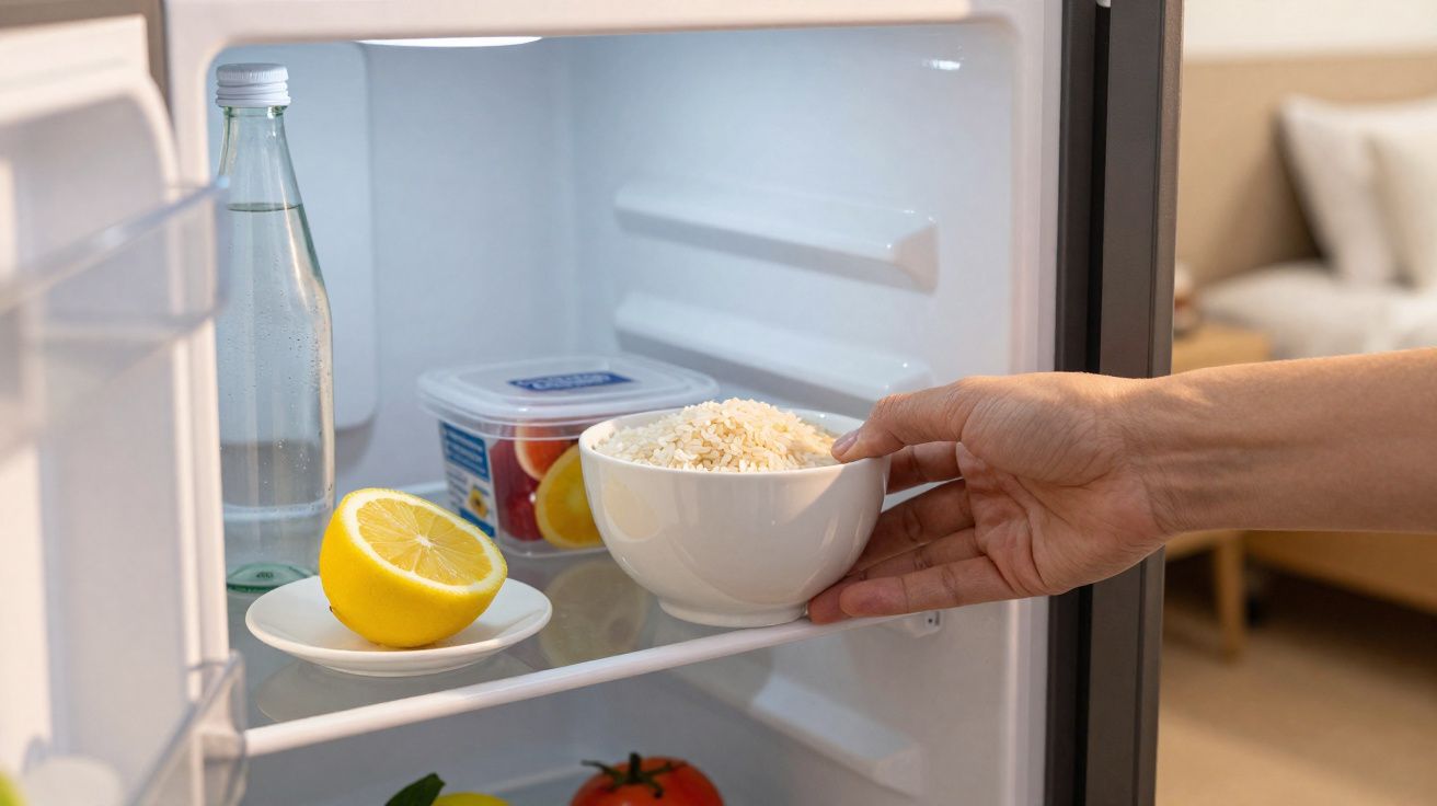 Mão a colocar taça de arroz branco na prateleira do frigorífico com limão, tomate e garrafa de água.