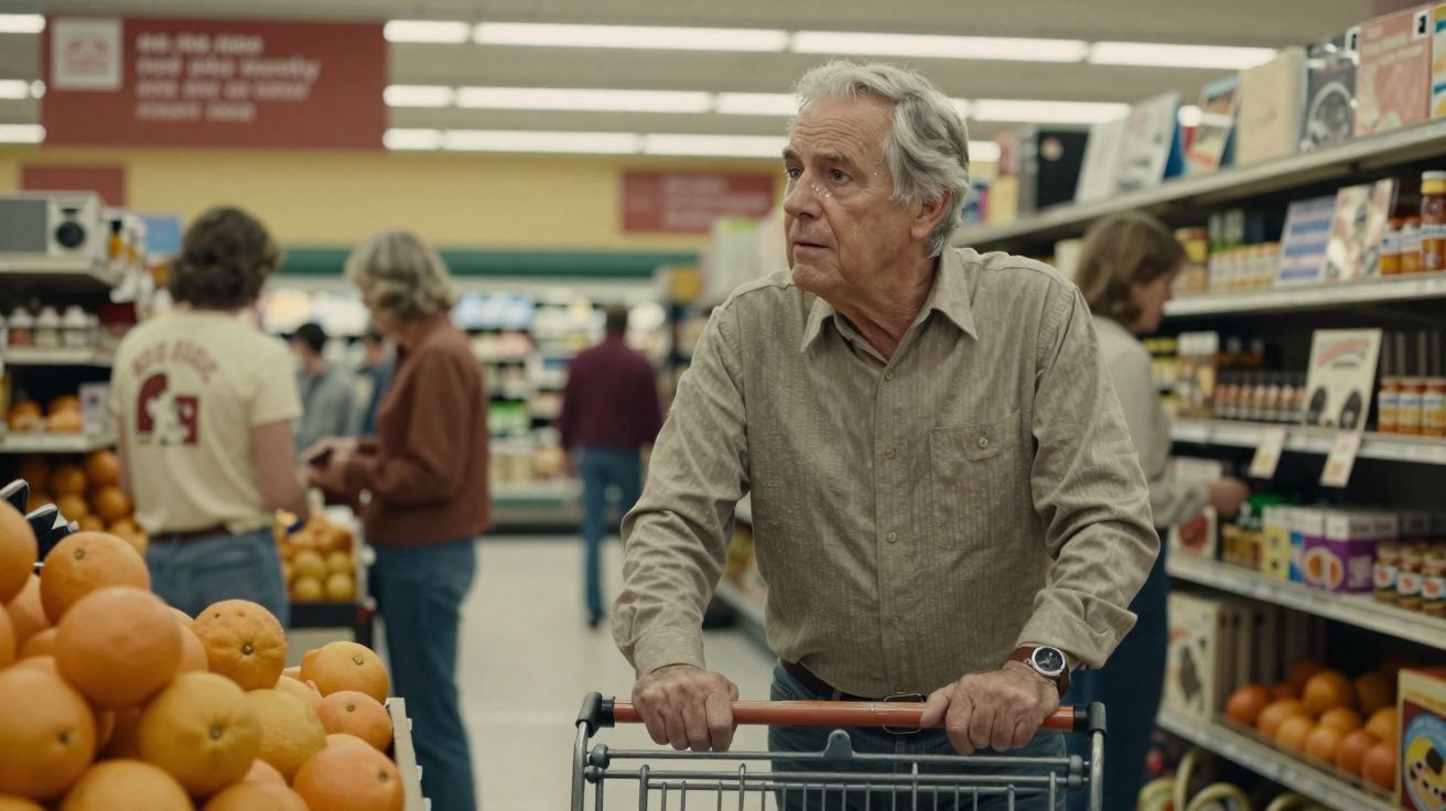 Homem idoso empurra carrinho de compras em supermercado perto de uma banca de laranjas.
