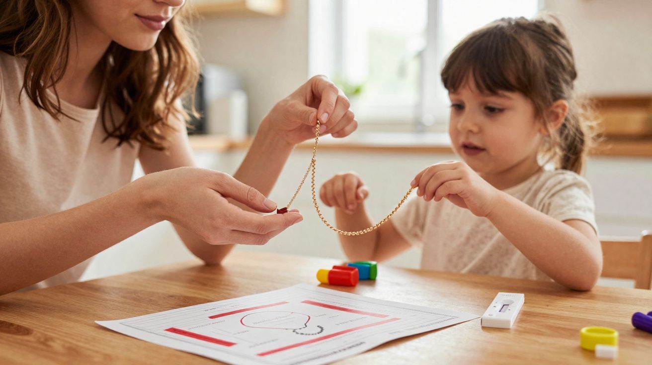 Menina e mulher seguram um colar dourado sentadas à mesa com desenhos e canetas coloridas.