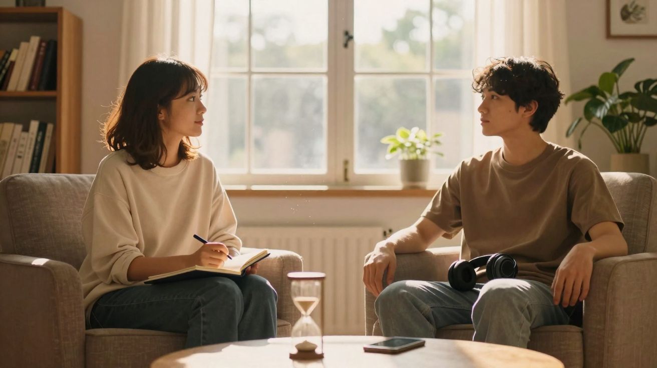 Duas pessoas sentadas frente a frente numa sala iluminada, conversando e prestando atenção.