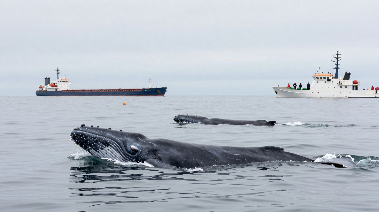 Baleias jubarte a emergir perto de dois navios no oceano, com céu nublado ao fundo.