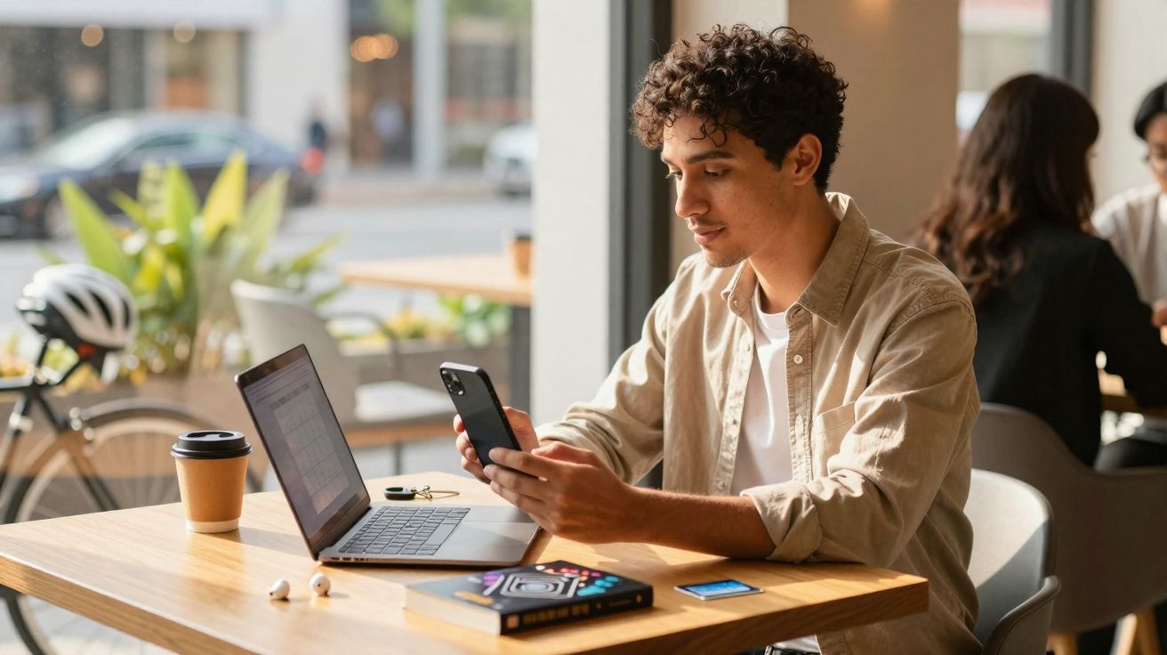 Jovem sentado numa cafetaria com portátil e telemóvel, focado no ecrã do dispositivo móvel.