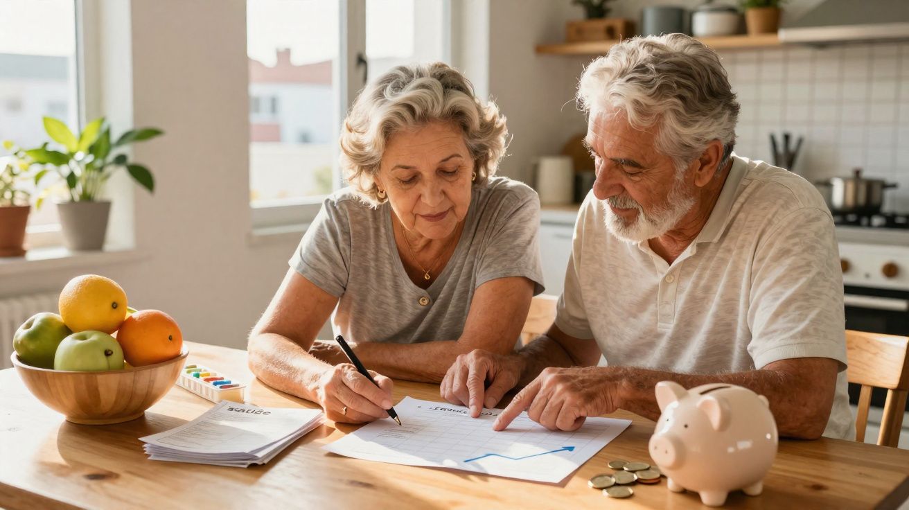 Casal sénior a planear finanças sentados à mesa com calculadora, moedas e mealheiro rosa.