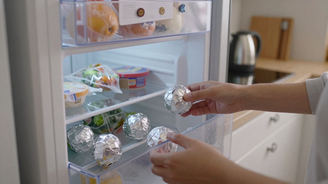 Mãos a retirar bolas embrulhadas em alumínio de um frigorífico com alimentos e frutas.
