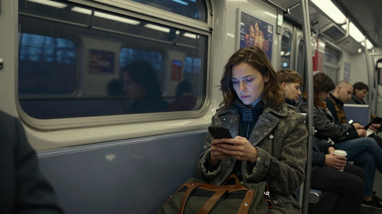 Mulher sentada no metro a usar telemóvel, com outras pessoas ao fundo também em dispositivos móveis.