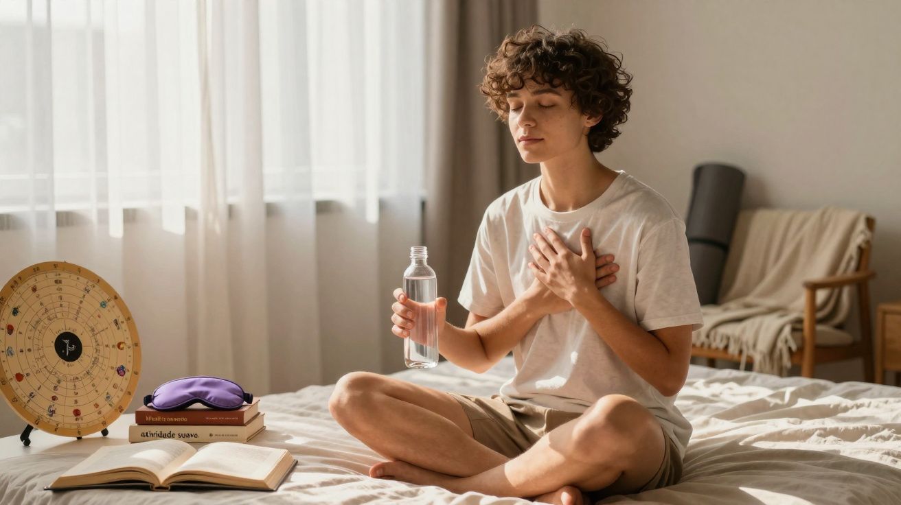 Pessoa sentada de pernas cruzadas na cama, de olhos fechados, com uma mão no peito e outra segurando uma garrafa de água.