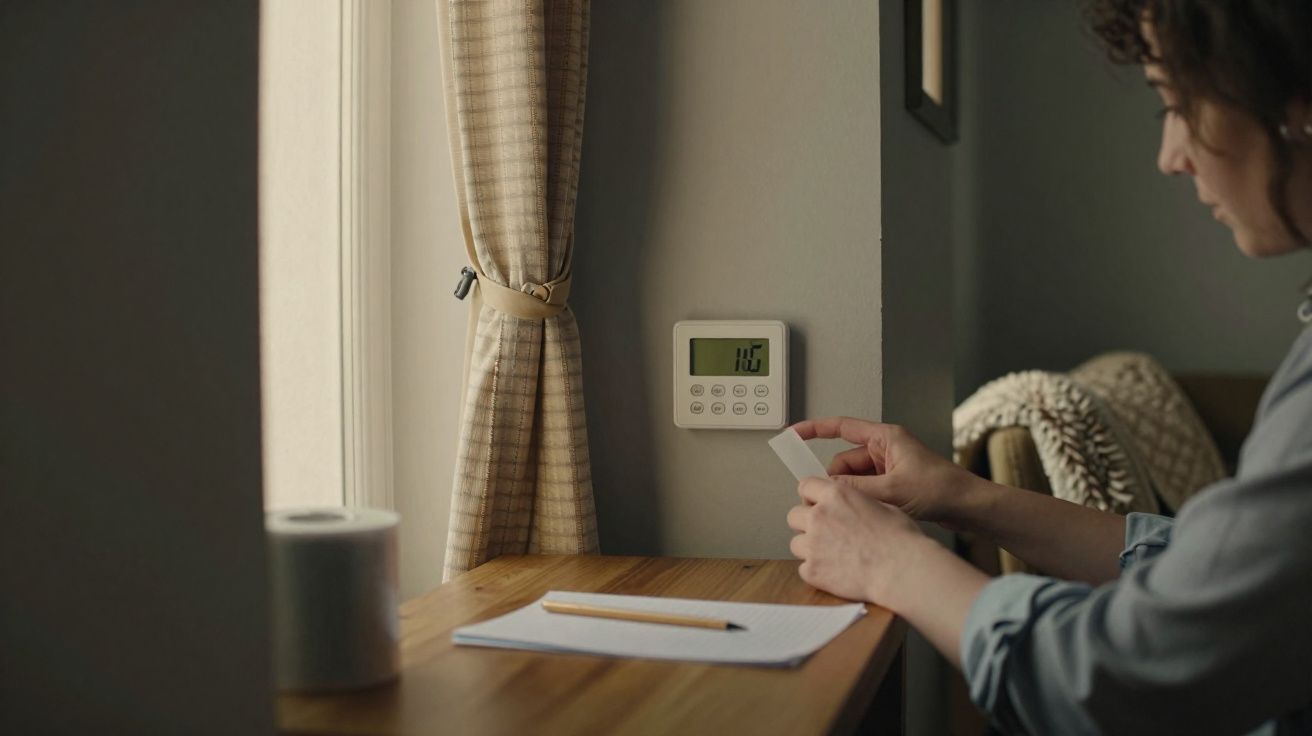 Pessoa a ajustar termóstato digital de parede junto a secretária com papel e lápis.