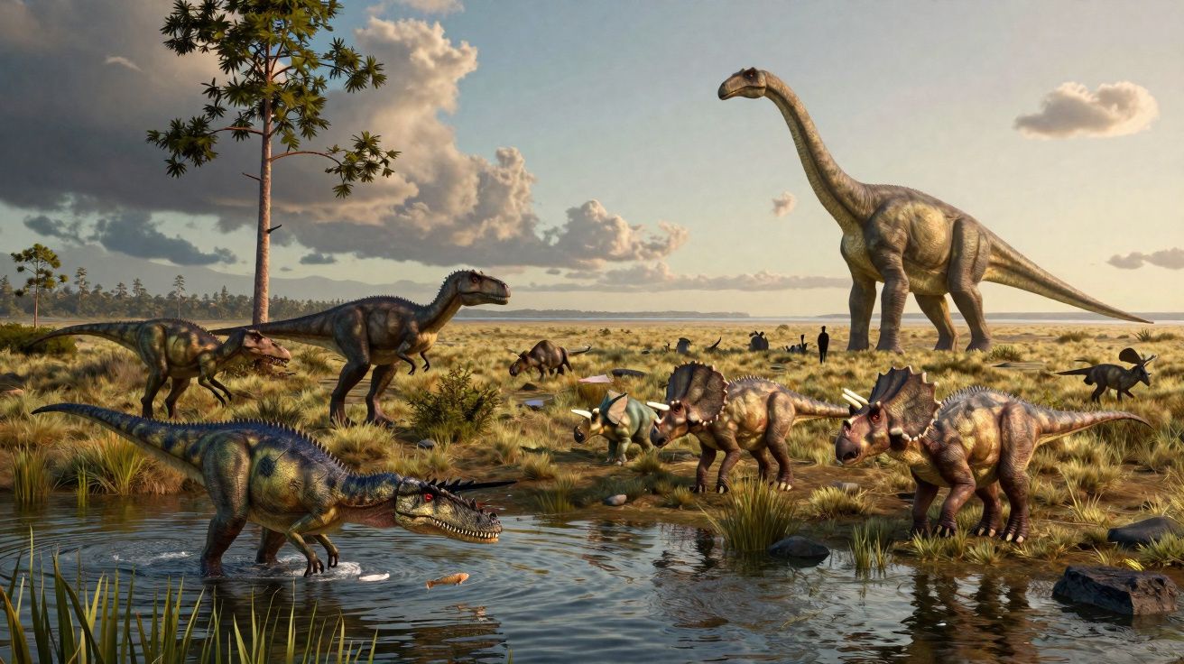 Diversos dinossauros numa paisagem pré-histórica com árvores, relva e água ao pôr do sol.