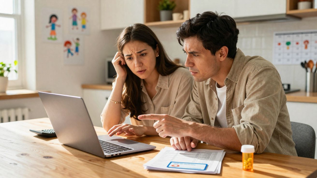 Casal preocupado analisa contas e documentos financeiros com computador portátil numa cozinha.