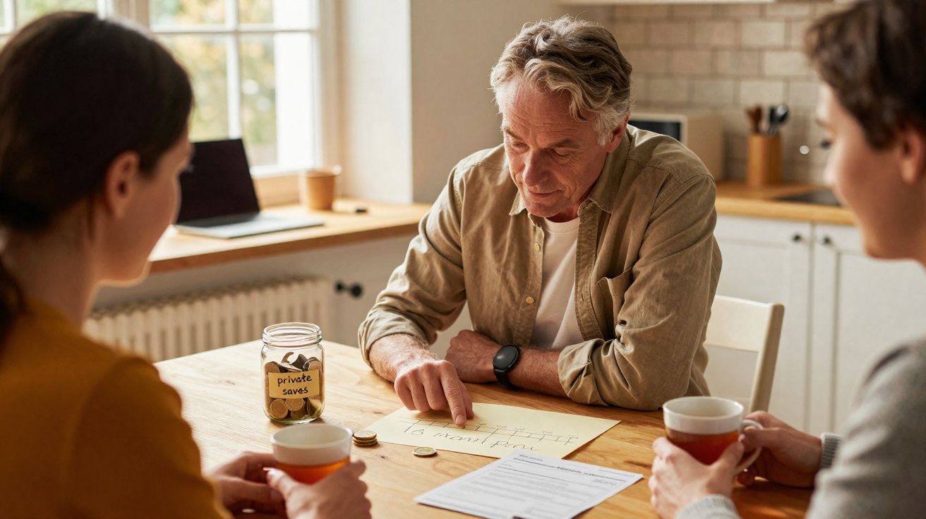 Homem sénior explica finanças a casal jovem à mesa com moedas, documento e frasco de poupanças.