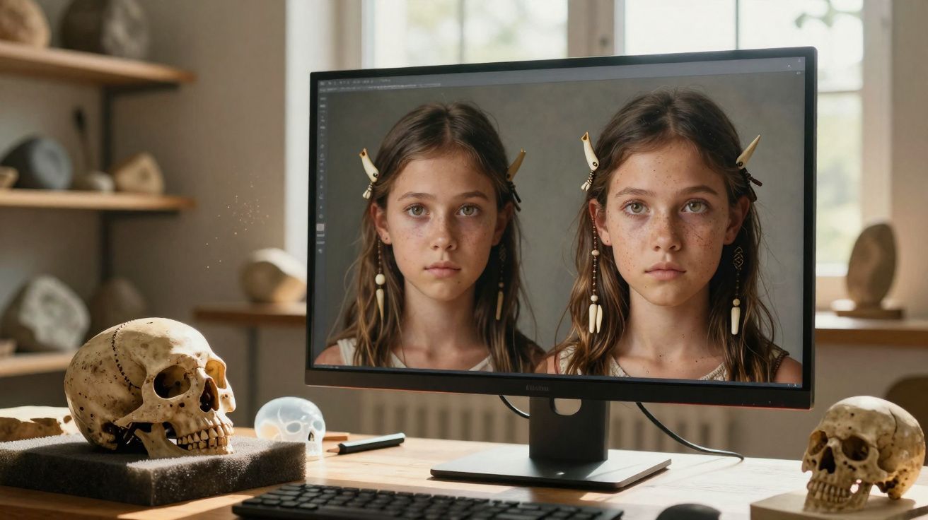 Monitor a mostrar uma imagem digital de uma rapariga com acessórios tribais, rodeado por crânios e objetos na secretária.