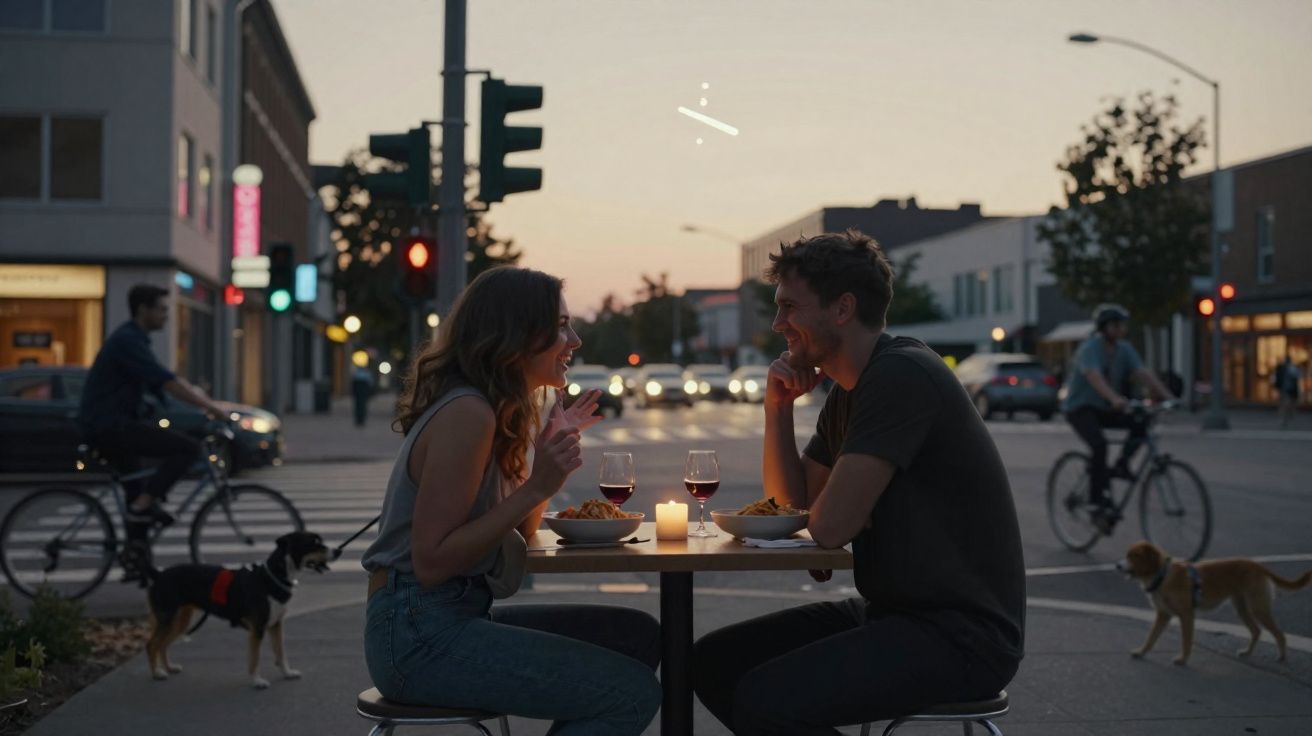 Casal janta ao ar livre ao pôr do sol numa mesa de café numa rua com trânsito e ciclistas ao fundo.