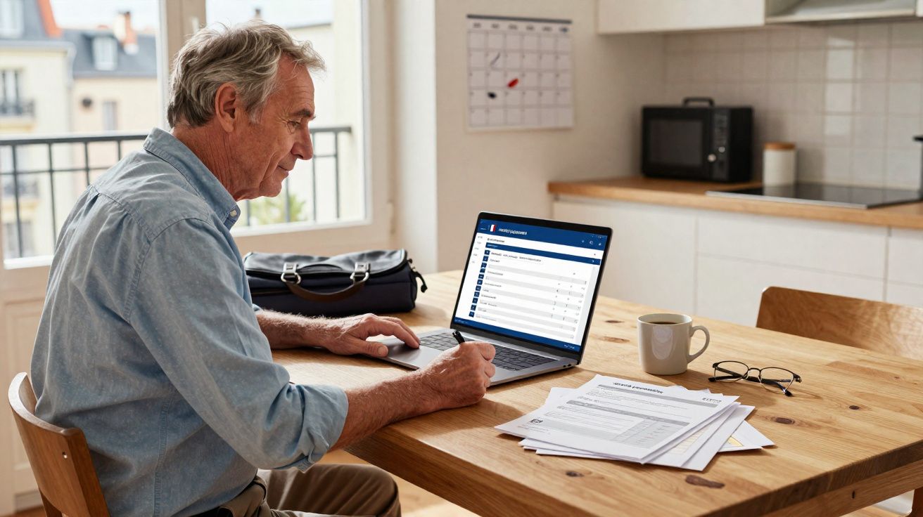 Homem sénior a trabalhar num portátil à mesa com documentos e caneca numa cozinha moderna.