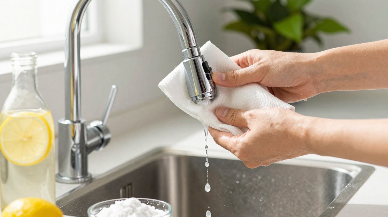 Mãos a limpar um bico de torneira de metal com um pano branco, água a pingar na pia da cozinha.