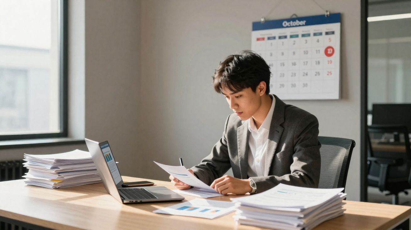 Jovem em fato a analisar documentos num escritório com computador, calendários e pilhas de papel.