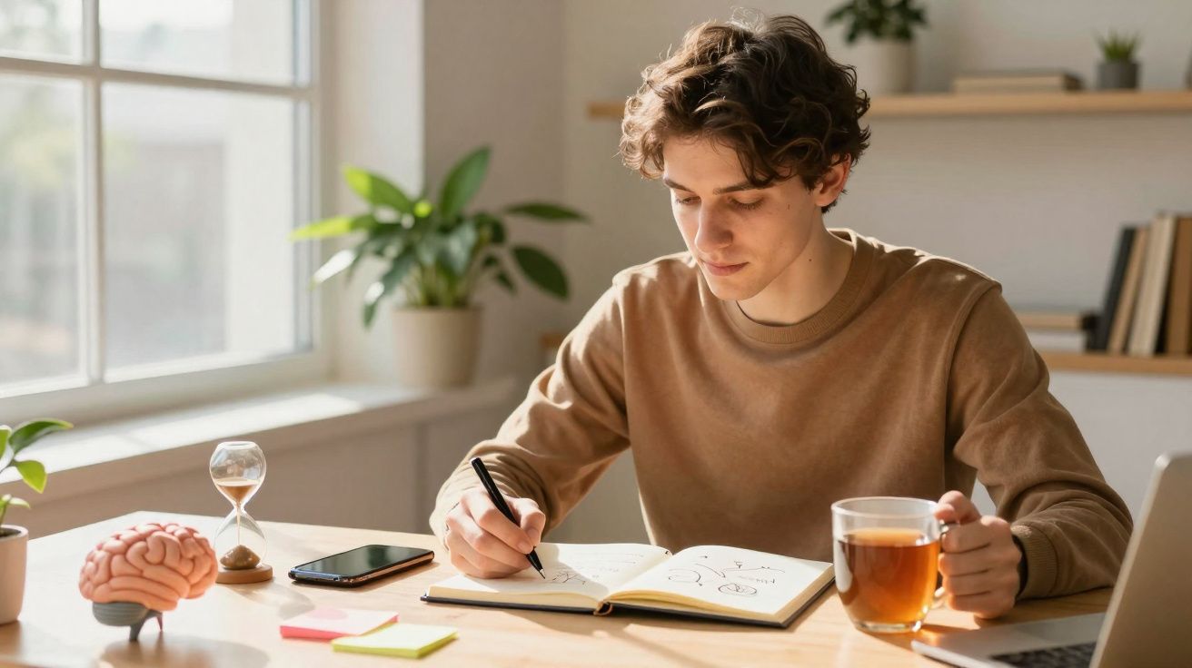 Jovem a escrever num caderno com chá na mão, rodeado de plantas, livros e um modelo de cérebro.
