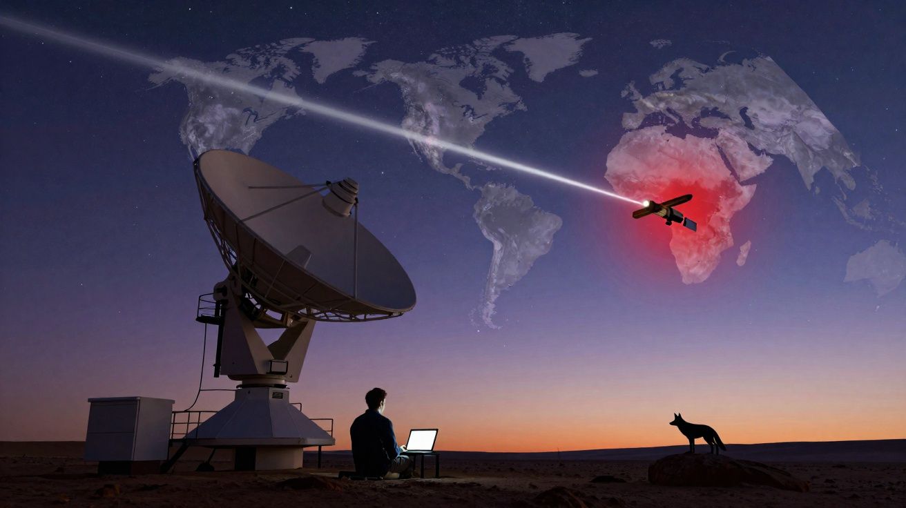 Pessoa sentada com portátil junto a antena parabólica, com mapa mundi e satélite em destaque no céu ao anoitecer.