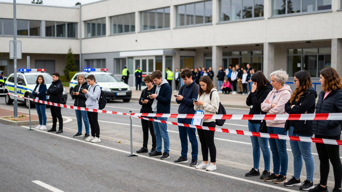 Grupo de jovens alinhados atrás de fita policial, com polícias e viaturas no fundo junto a edifício público.