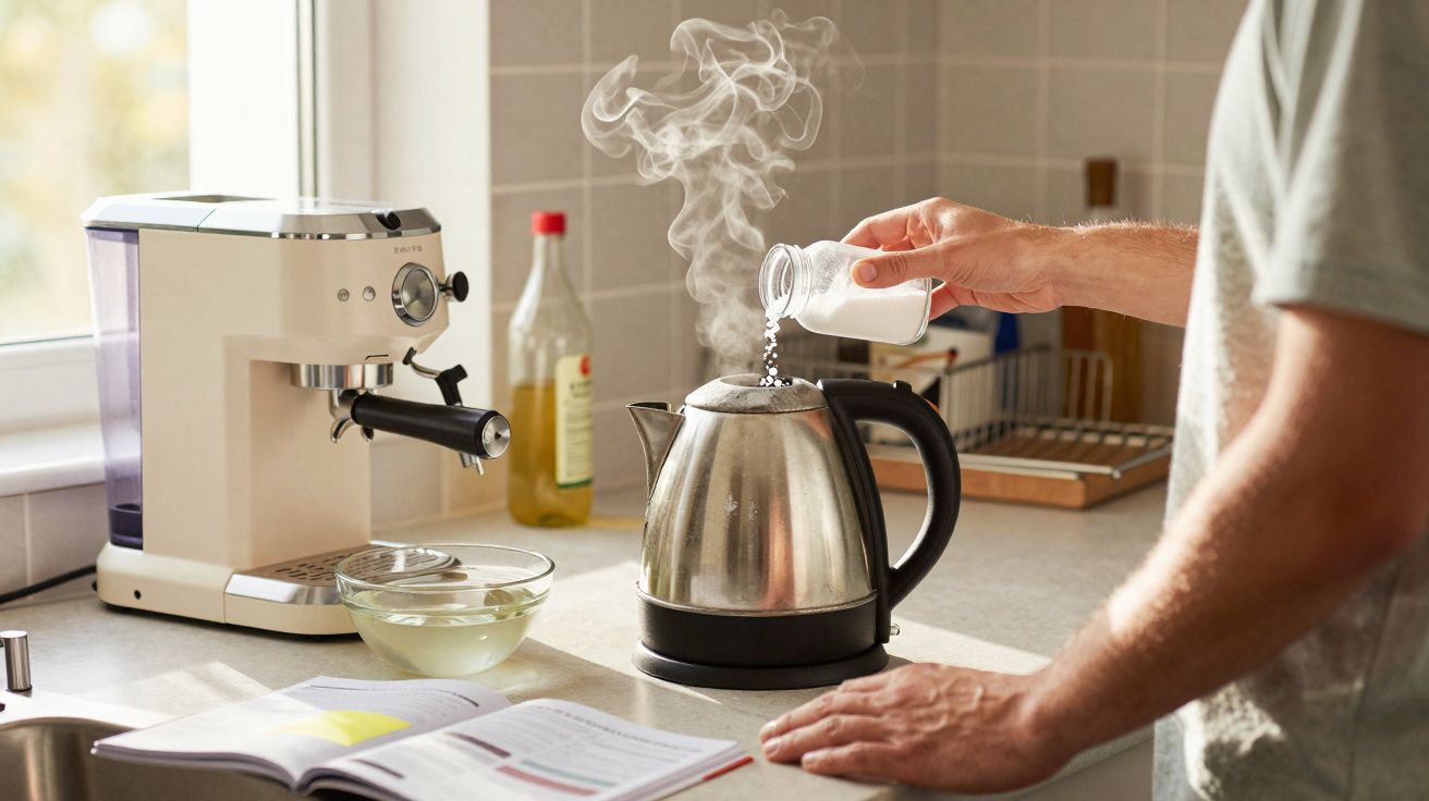 Mão a adicionar sal numa chaleira elétrica a ferver numa cozinha com máquina de café e livro aberto.