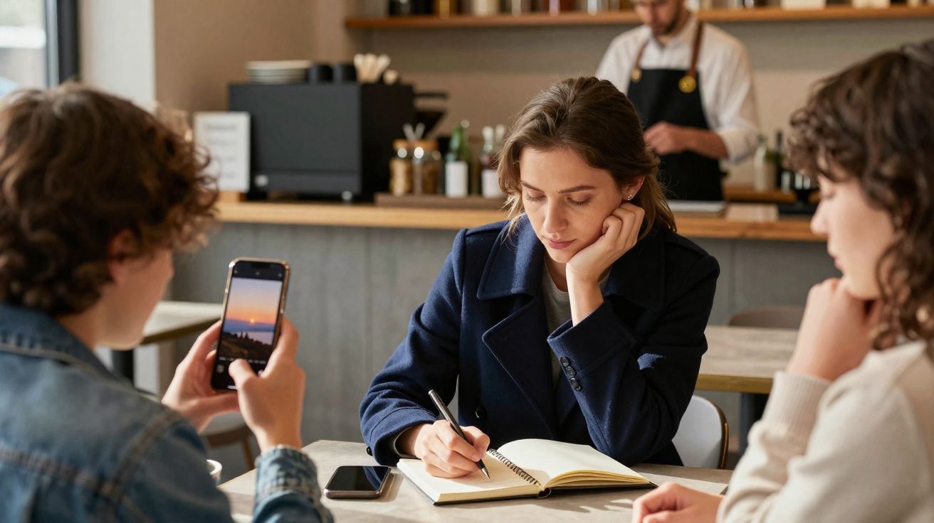 Três jovens sentados numa mesa de café, uma escreve num caderno, outra usa o telemóvel e um empregado ao fundo.